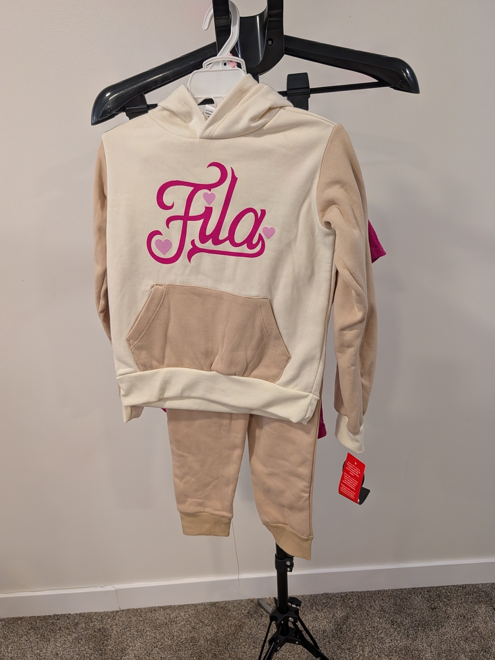 Fila Girls' Cream, Tan And Pink 3 Piece Hooded Sweats Set